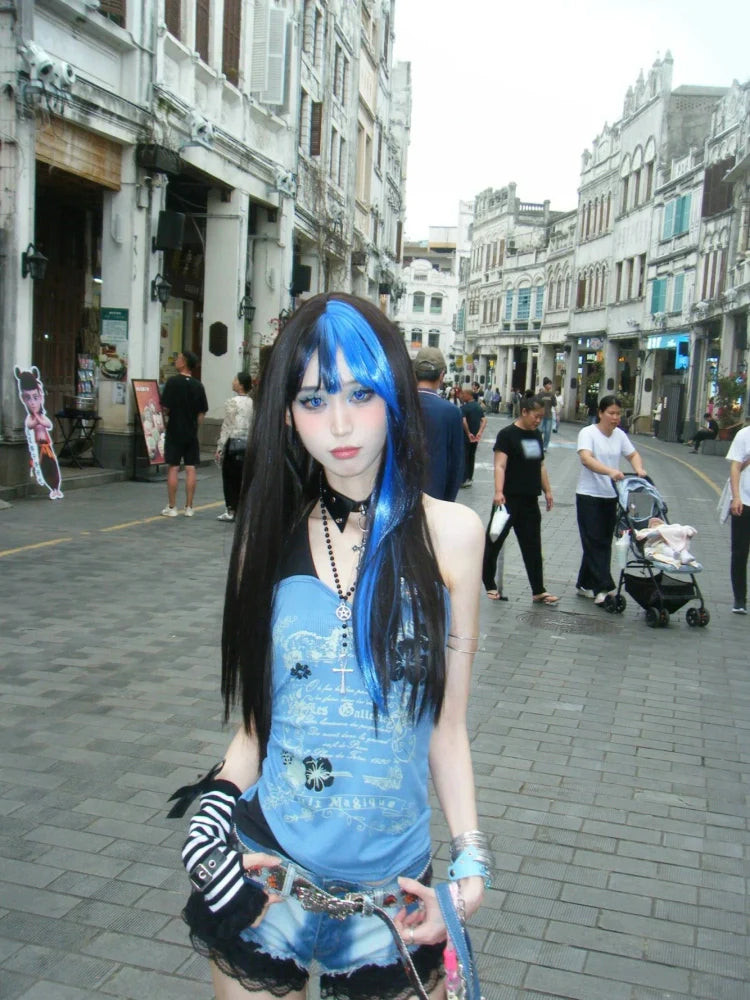 Blue American Vintage Print Halter Fake Two-Piece Y2K Tank Top