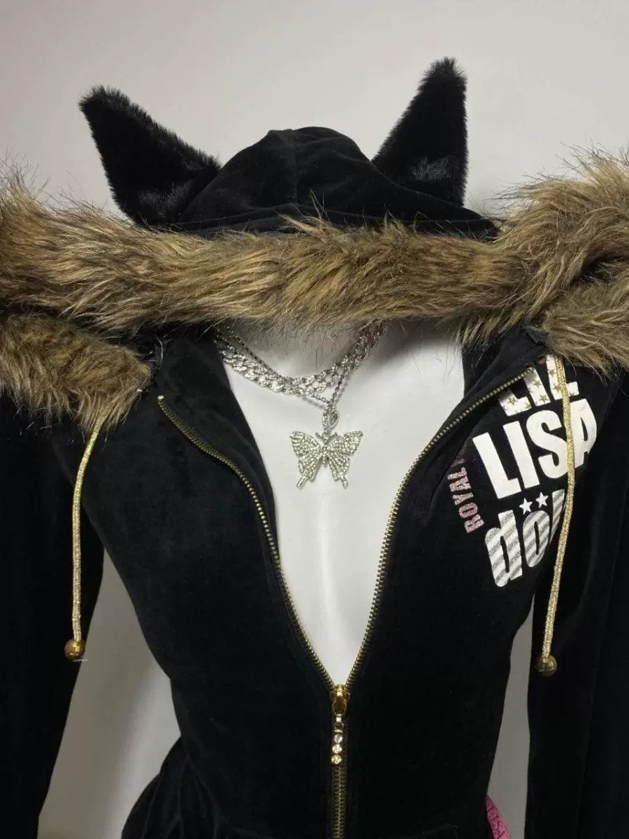 Cat-Ear Fur-Collar Hoodie Jacket [Spring-Autumn] Subculture Gothic Rock Punk Y2K Shibuya Girl Japanese Brand E-girl Jacket