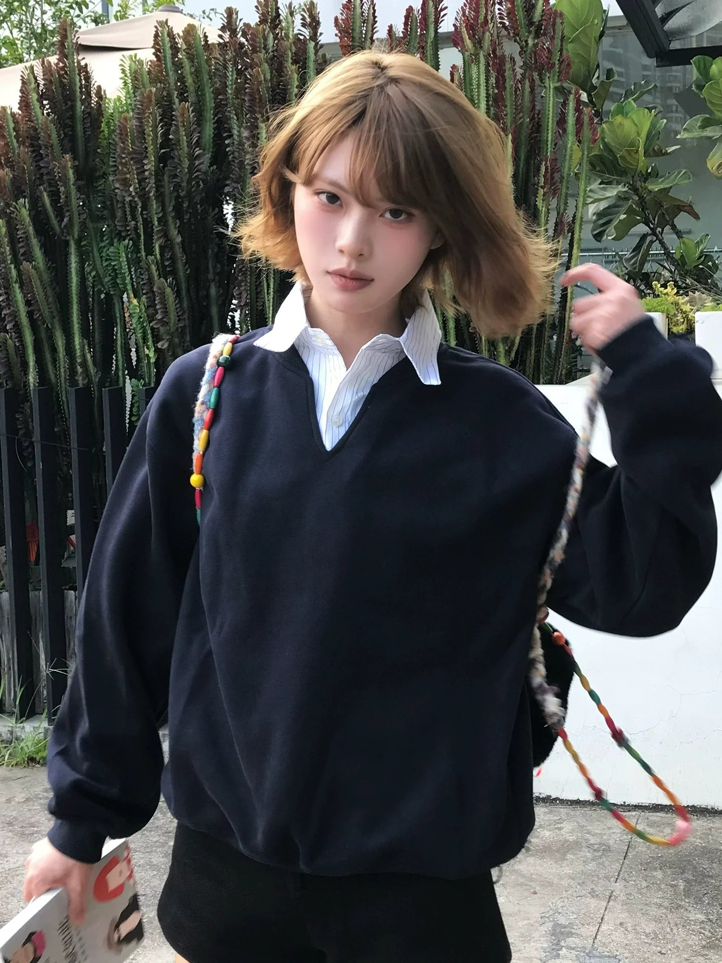 Faux-Layered V-Neck Sweatshirt Smart Academic Stripe Polo Top