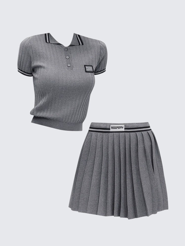 American Polo Collar T-Shirt & Pleated Skirt Set