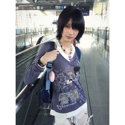 Cute Y2K Layered Long Sleeve Tee Cat Girl Print