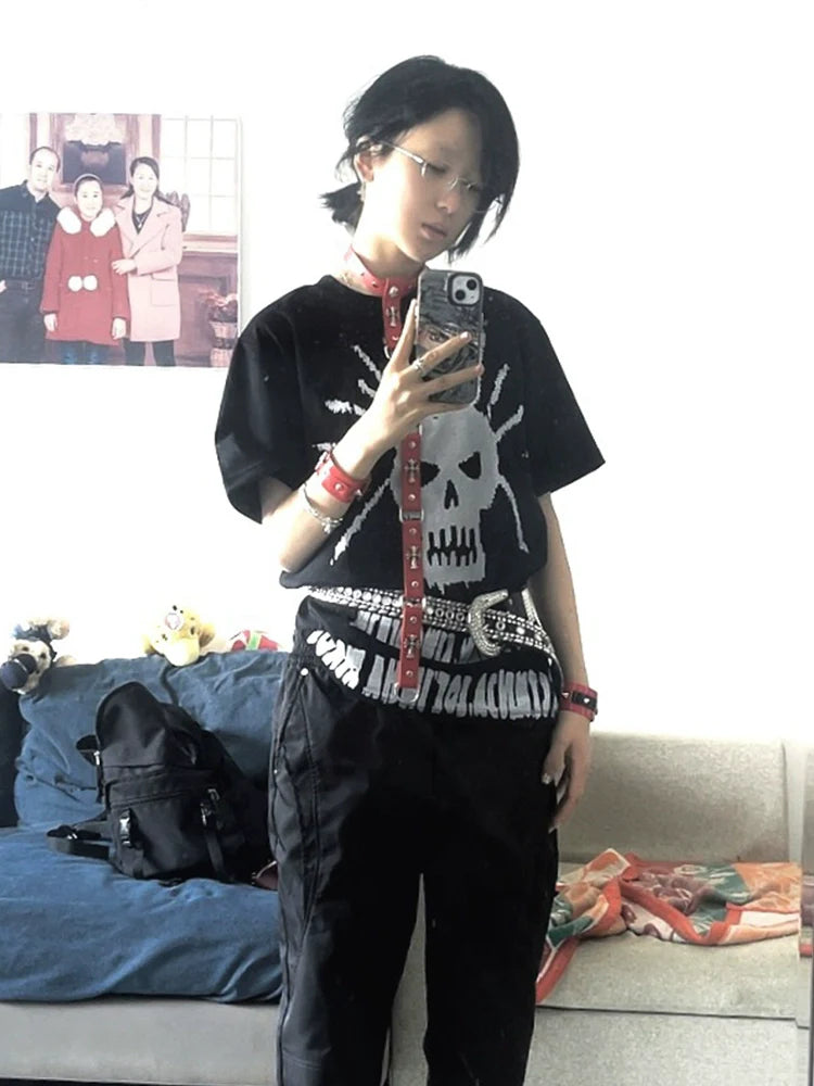 Y2K Black Polo Tee Skull Print Subculture Top