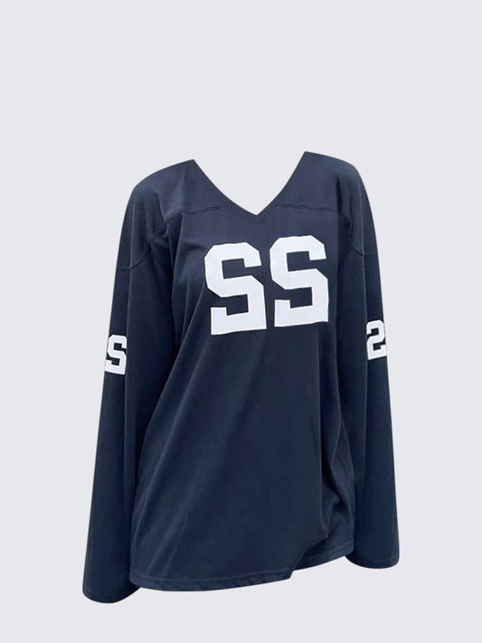 Retro Letter V-Neck Long Sleeve Top