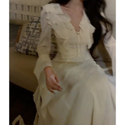 French Fairy V Neck Long Sleeve Ruffle Mermaid Gown Dress