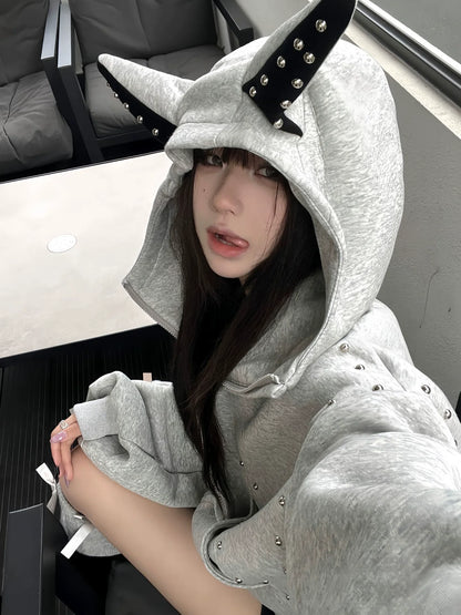 American Doberman Zip-Up Hoodie Studded Heavyweight Sweatshirt