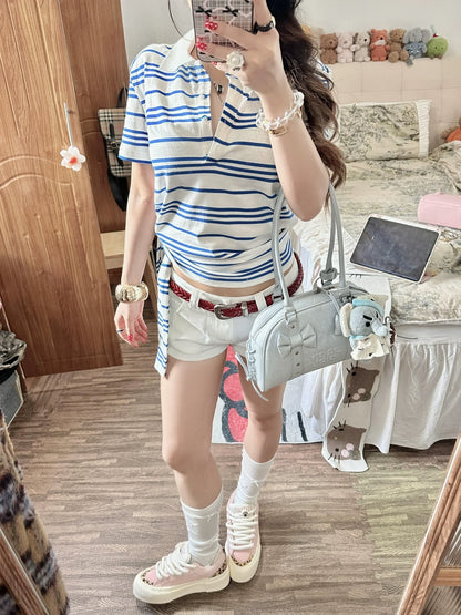 Preppy Blue Striped Short Sleeve Polo Top Summer Y2K Shirt