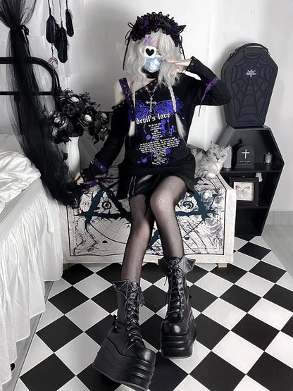 Black Demon Love Cross-Chain Off-Shoulder Hoodie Y2K Hoodie