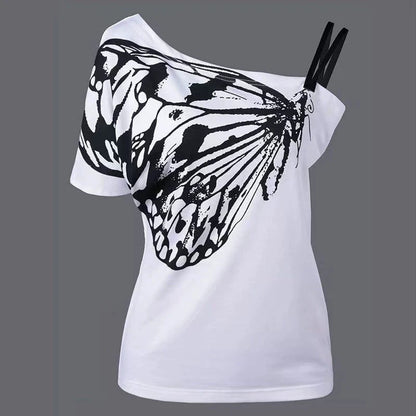 White Subculture Punk Y2K E-girl Butterfly Print Off-Shoulder Niche Slim Top