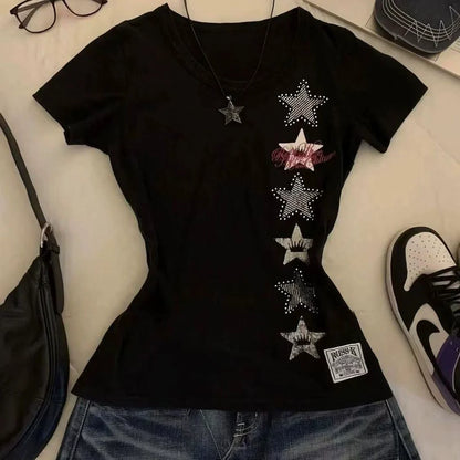 Black American Vintage Print Regular-Shoulder Slim Y2K T-Shirt