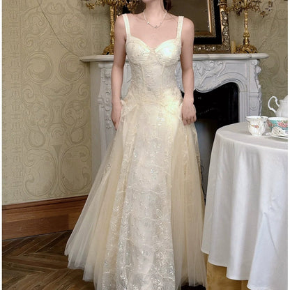 French Lace Mesh Spaghetti Gown Dress