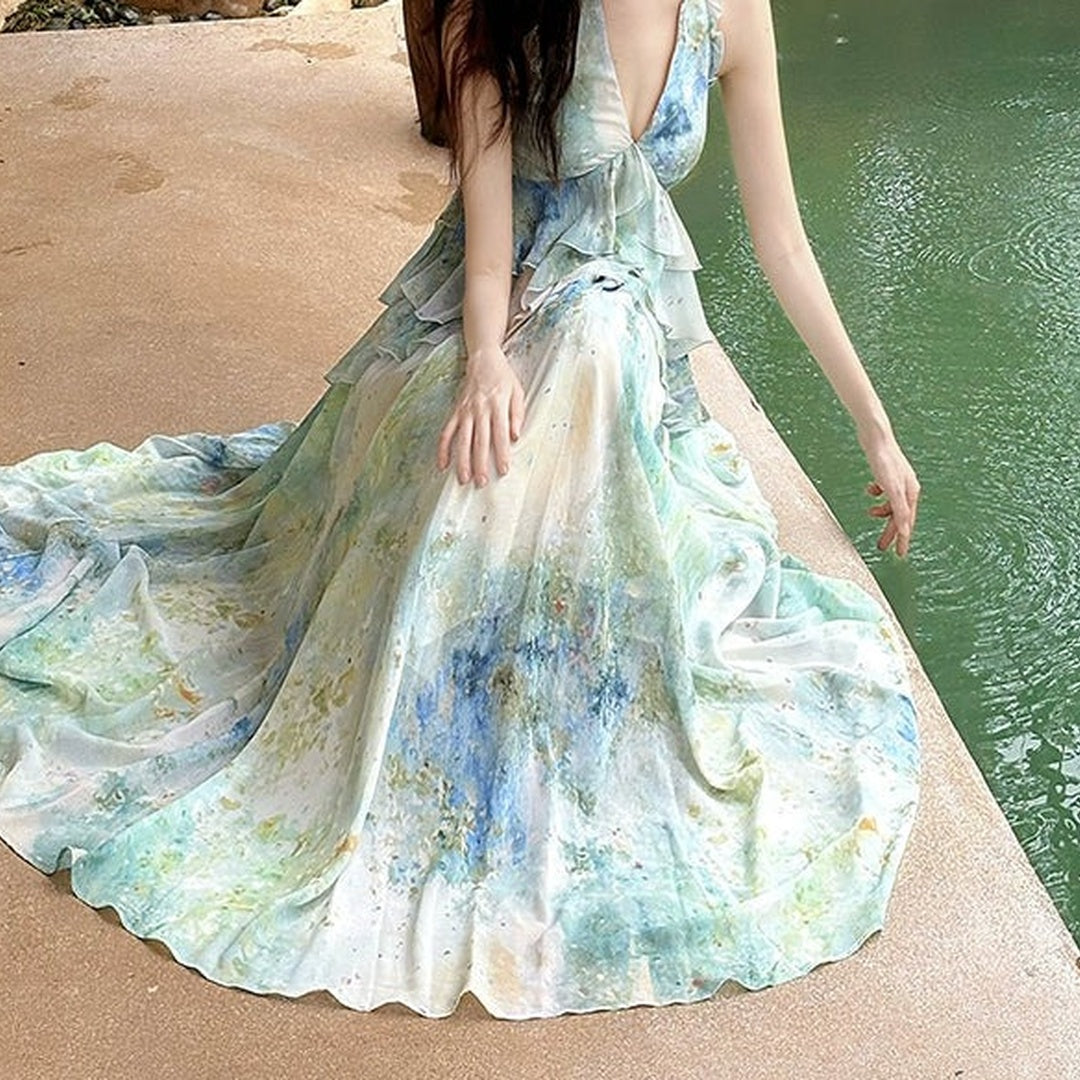 Green Printed Halter Neck Resort Fairy Gown Dress