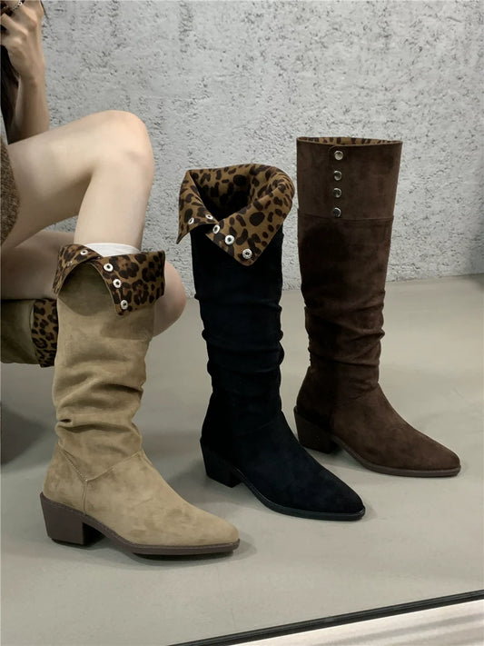 Versatile Foldable Slouchy Leopard Print Suede Retro Chunky Heel Western Knee High Women's Boots