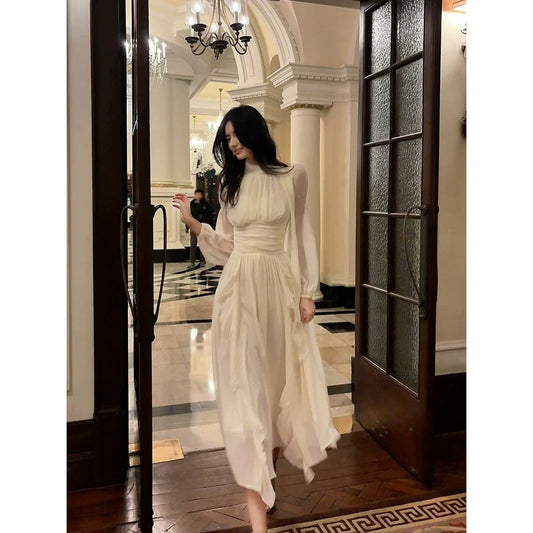 White Long Sleeve Gown with Ruffle Details Prom Dress