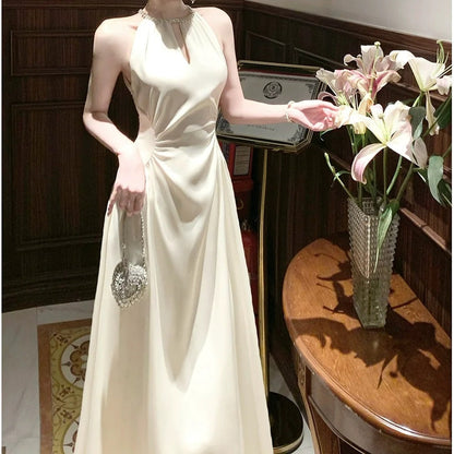 Satin Halter Neck Gown with Rhinestone Prom Dress
