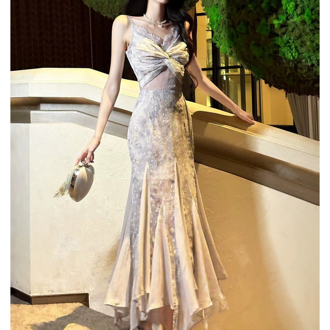 Purple Lace Floral Spaghetti Gown Prom Dress