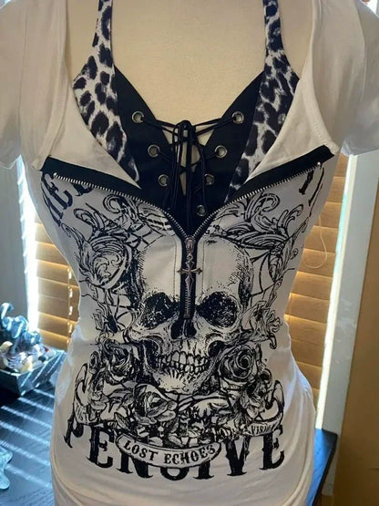 Skull Leopard Patchwork Y2K T-Shirt