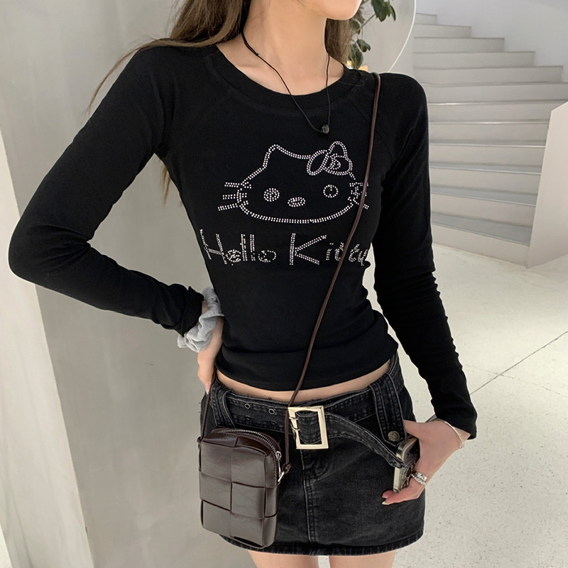 Black Subculture Y2K E-girl Hello Kitty Rhinestone Slim Versatile Short Top