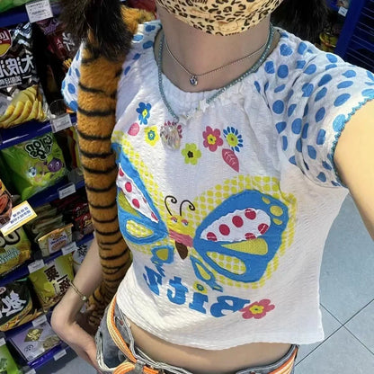 Multi-Color (As Shown) Butterfly Print Niche Design Cropped Y2K T-Shirt