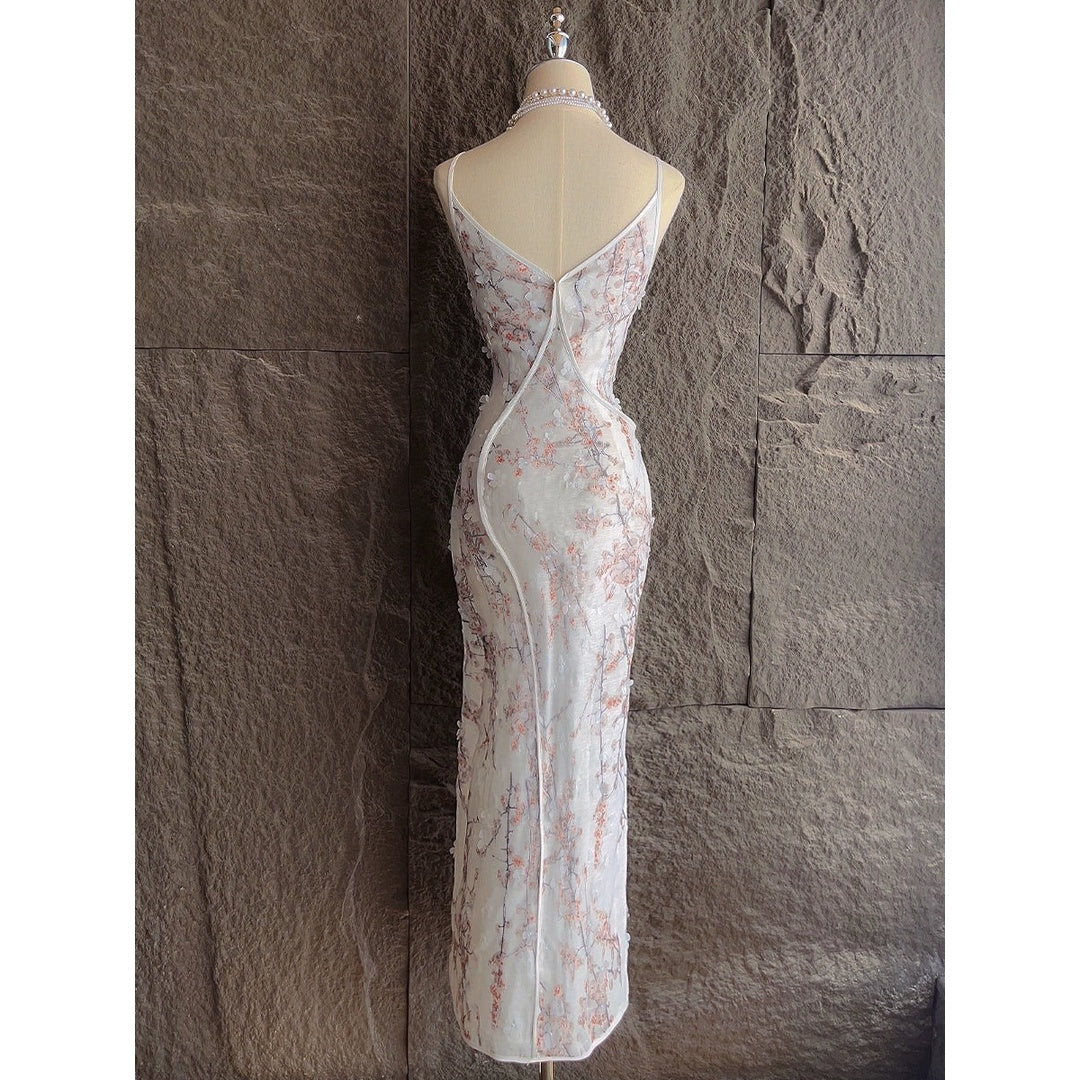 Snow Seeking Plum Chinese Cheongsam Embroidered Gown Dress