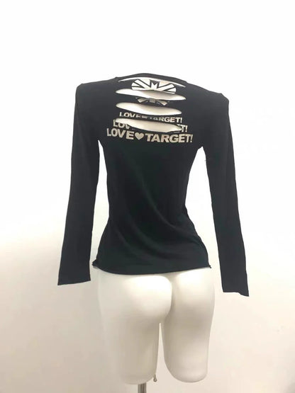 Black Subculture Punk Rock Gothic Y2K Vintage Fake Two-Piece Long Sleeve Top