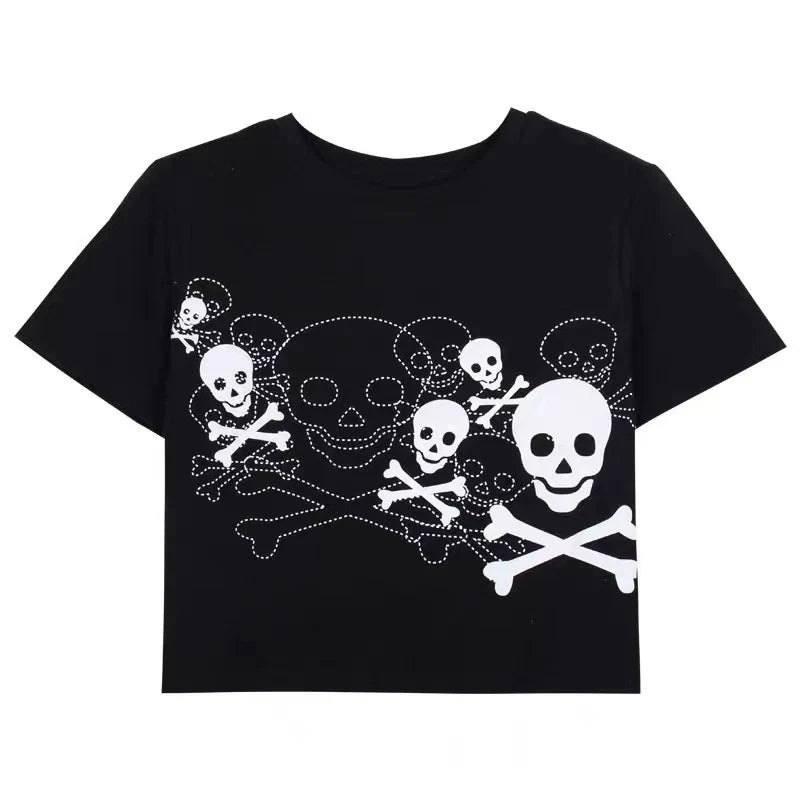 Black Multi-Skull Subculture Punk Y2K E-girl 100% Cotton Crop Slim Short Sleeve Top