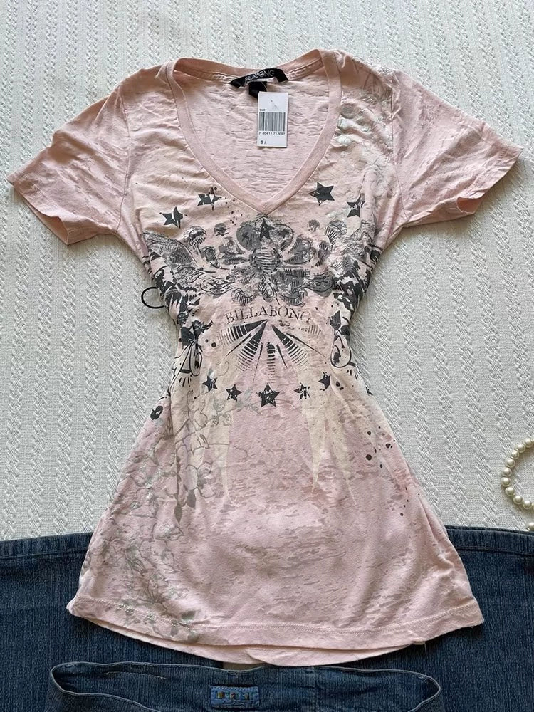 Pink Short-Sleeve Subculture Y2K E-girl Retro Distressed V-neck Print Niche Waist-Cinched Top