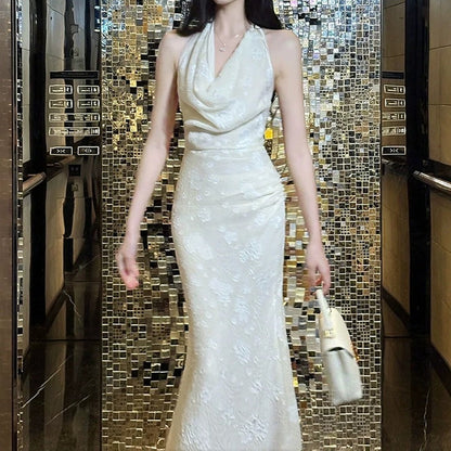 French Spaghetti Strap Draped Back Gown Dress