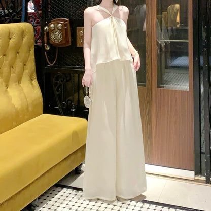 Old Money Shimmer Asymmetrical Spaghetti Strap Pants Set