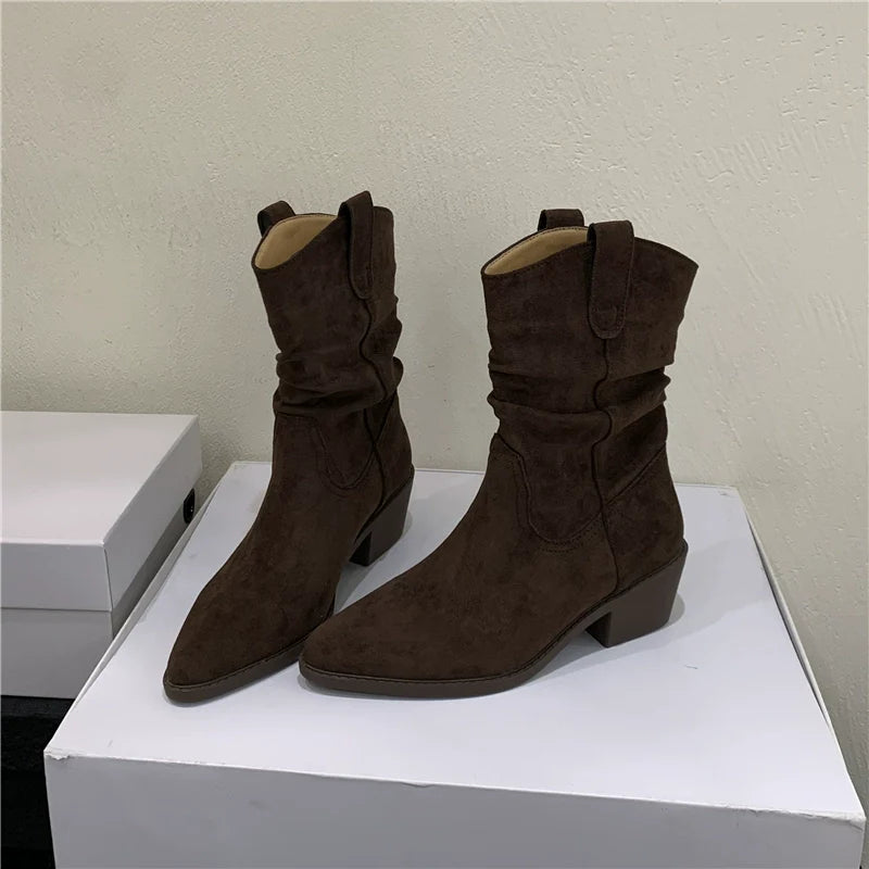 Pointed Toe Fashion Short Boots Women Fall Winter New Slouchy Chunky Heel Elevated Mid Calf Suede Western Boots