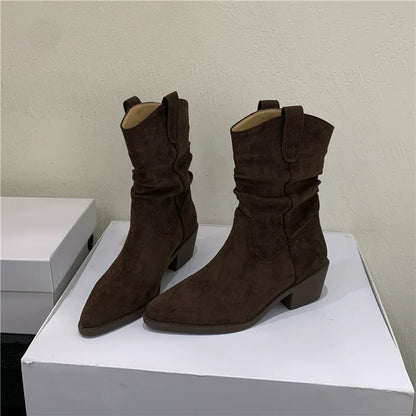 Pointed Toe Fashion Short Boots Women Fall Winter New Slouchy Chunky Heel Elevated Mid Calf Suede Western Boots