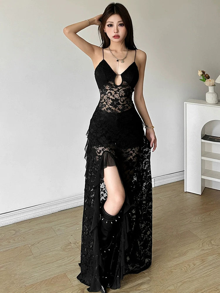 Mature Elegant Black Cutout Lace Halter Designed Slit Slimming Maxi Dress