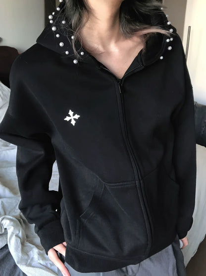 American High Street Black Studded Hoodie Jacket Autumn-Winter Heavy Zip-Up Design Top