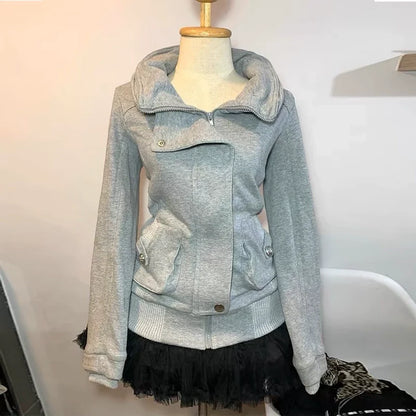 Gray Subculture Y2K E-girl Vintage Retro Collared Hoodie Autumn/Winter Slim Sport Yoga Jacket