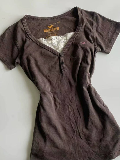 Brown Subculture Y2K E-girl American Retro V-neck Vintage Fake Two-Piece Short Sleeve Top