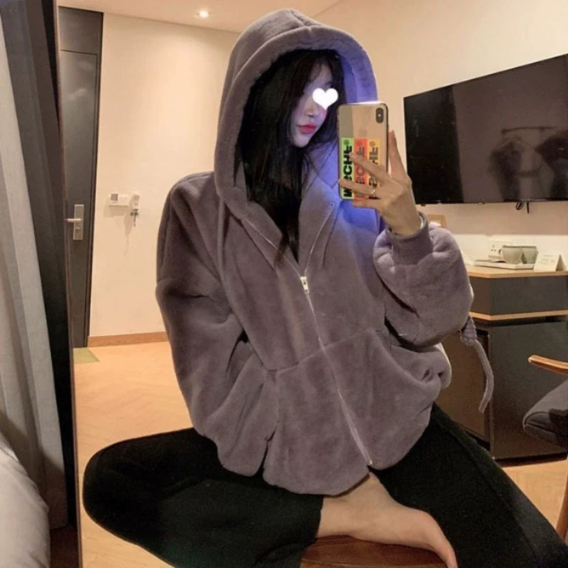 Purple Y2K Hooded Cropped Fuzzy Puffer Jacket