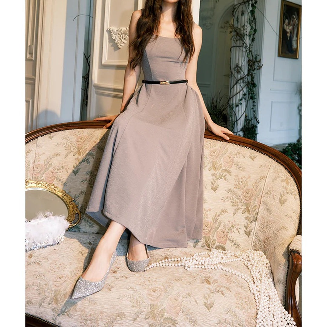 French Light Luxury Shimmer Knit Spaghetti Gown Dress
