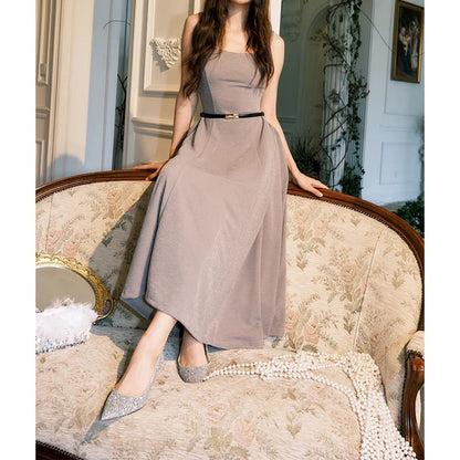 French Light Luxury Shimmer Knit Spaghetti Gown Dress