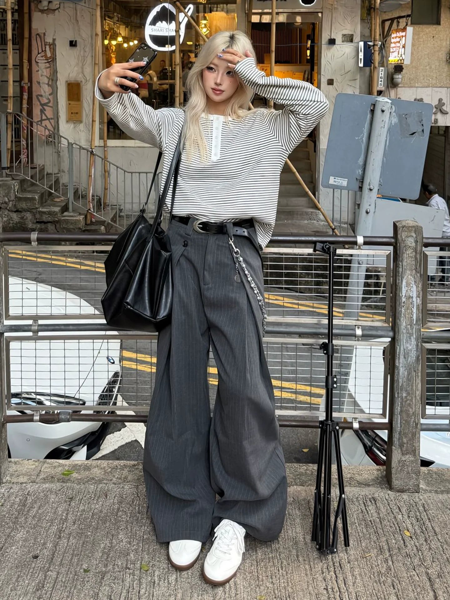 Retro Striped Henley Long Sleeve Top for Early Autumn