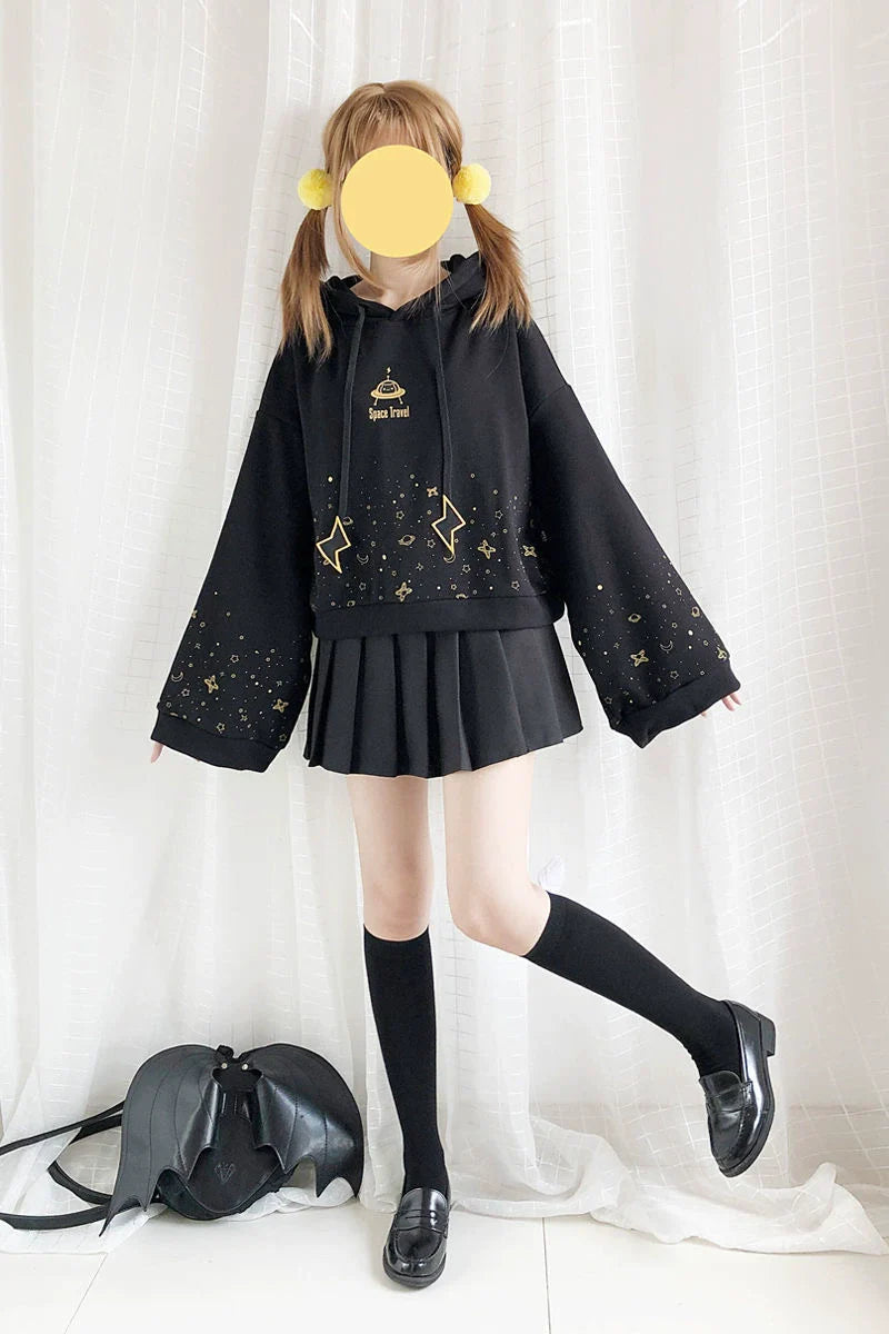 Black Y2K Japanese Bell-Sleeve Hoodie