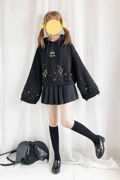 Black Y2K Japanese Bell-Sleeve Hoodie
