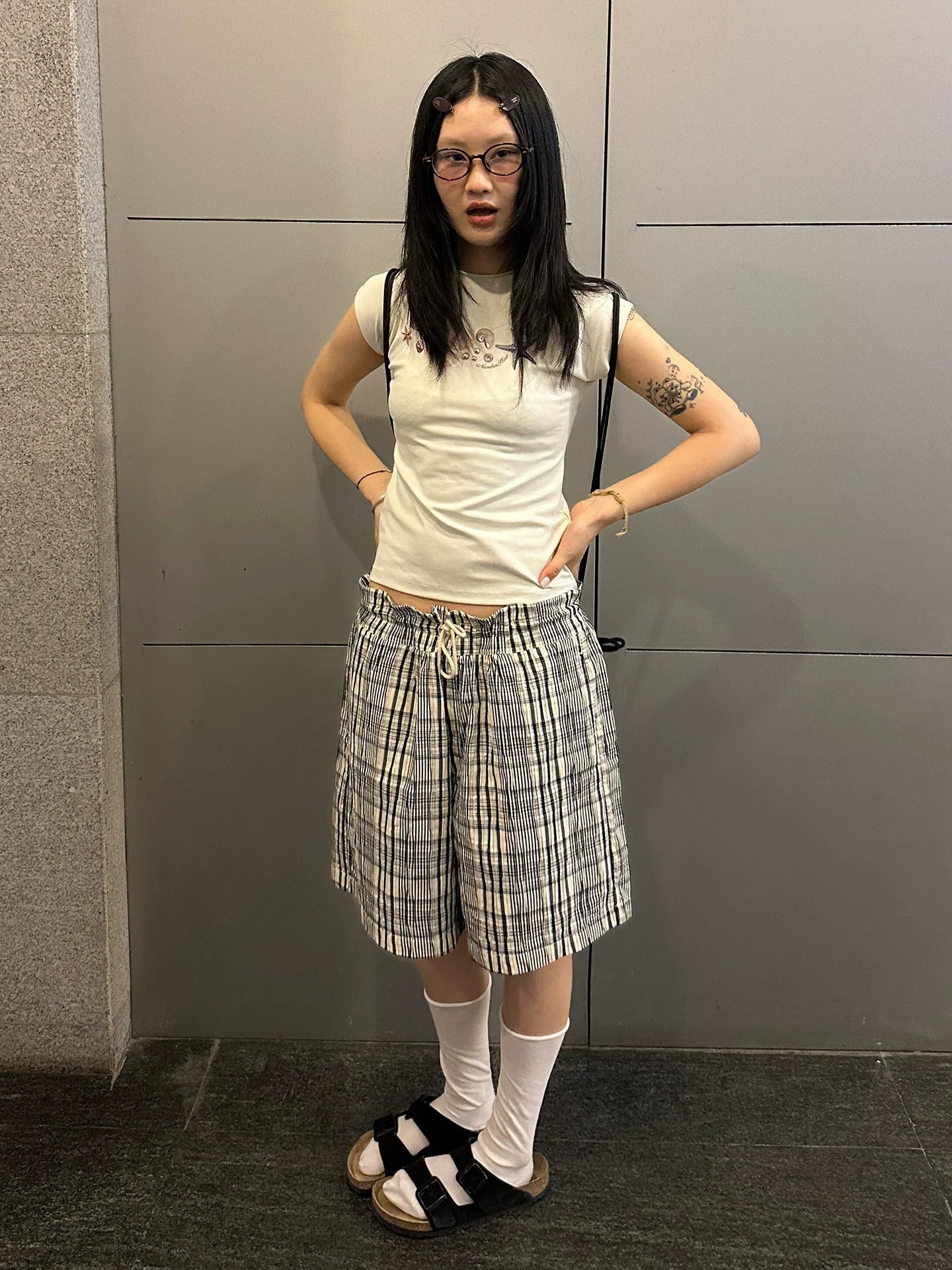 Vacation Plaid Relaxed Shorts Japanese Textured Wide-Leg Mid Shorts