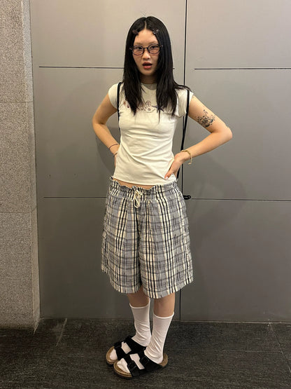 Vacation Plaid Relaxed Shorts Japanese Textured Wide-Leg Mid Shorts