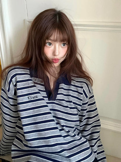 Lazy Striped V-Neck Sweater Autumn-Winter Embroidered Knit Couple Top