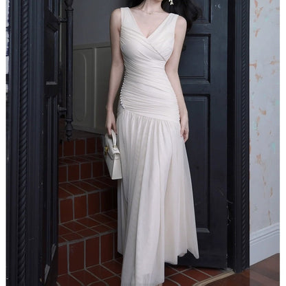 French V-Neck Asymmetrical Spaghetti Gown Dress