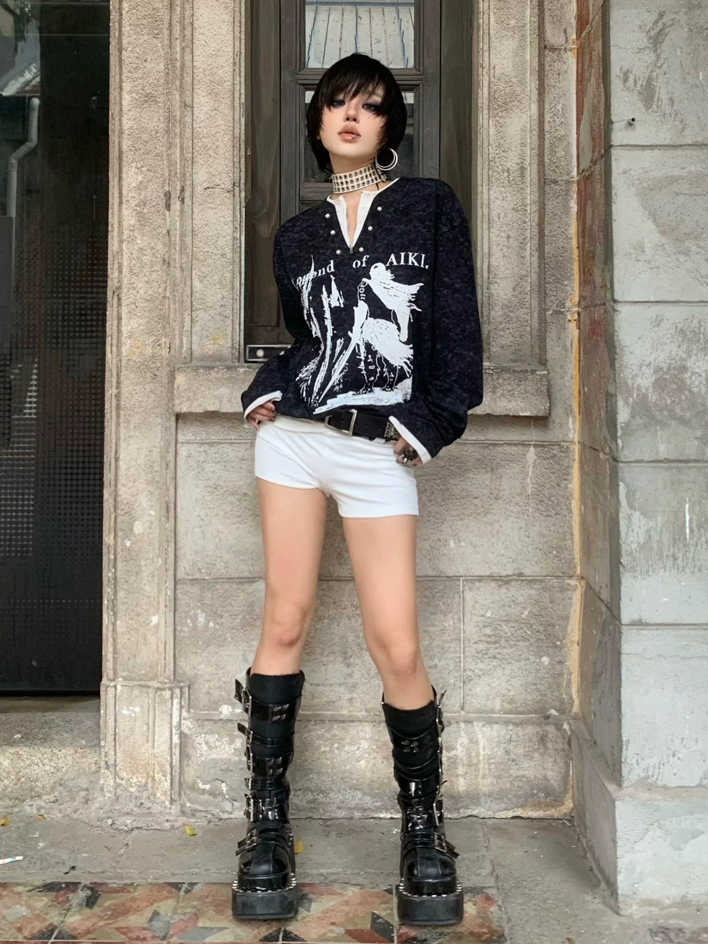 Y2K Fake Two Piece Pearl V Neck Hoodie