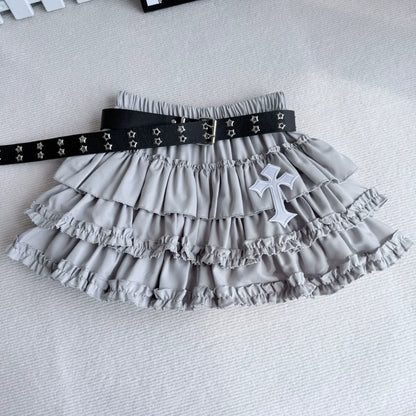 Solid Gray Midi Skirt [No Belt, Cross Detail] Subculture Rock Punk Y2K E-girl Abi American Retro Anti-Slip Layered Cake Skirt