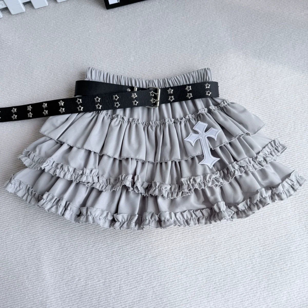 Solid Gray Midi Skirt [No Belt, Cross Detail] Subculture Rock Punk Y2K E-girl Abi American Retro Anti-Slip Layered Cake Skirt