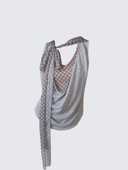 Pure Style Fake Two-Piece Checked Tank Top