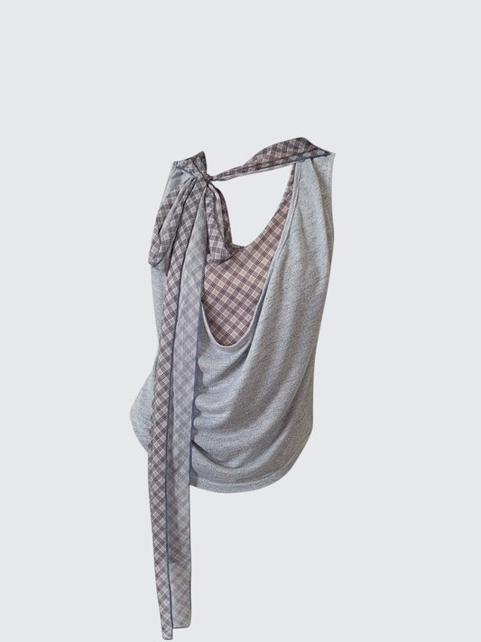 Pure Style Fake Two-Piece Checked Tank Top