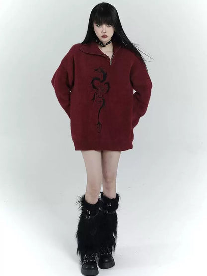 Red Y2K Retro Half-Zip Sweater